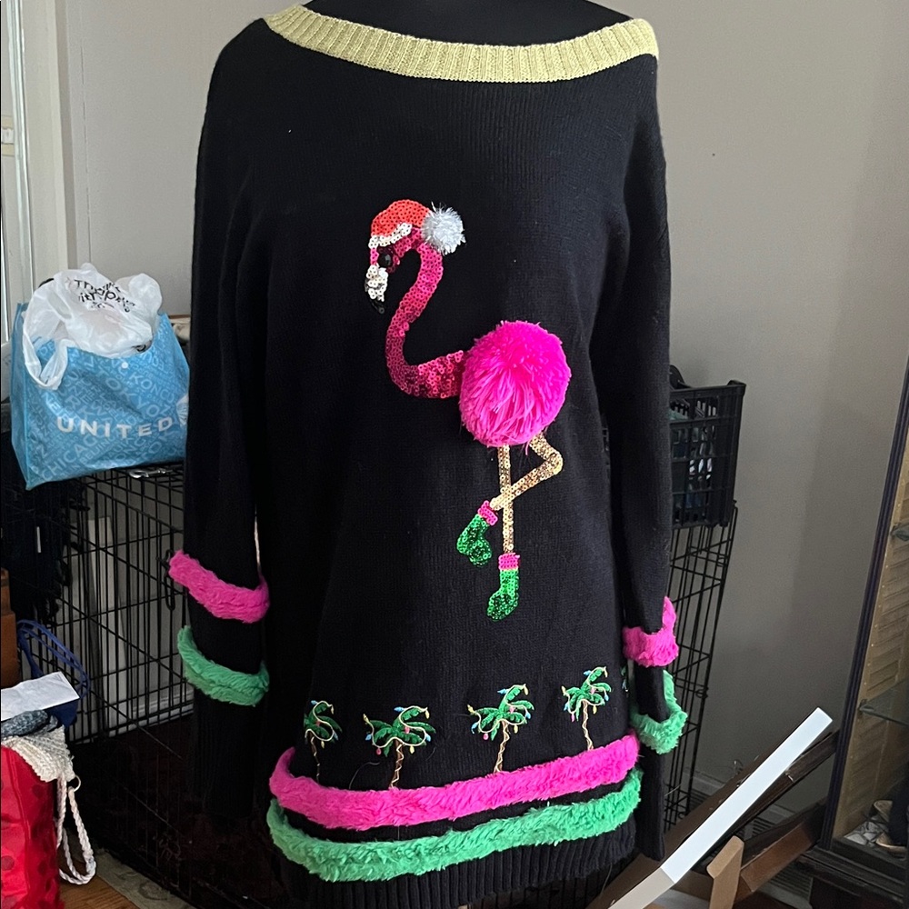 Holiday Time Black Sweater with Pink Flamingo Design